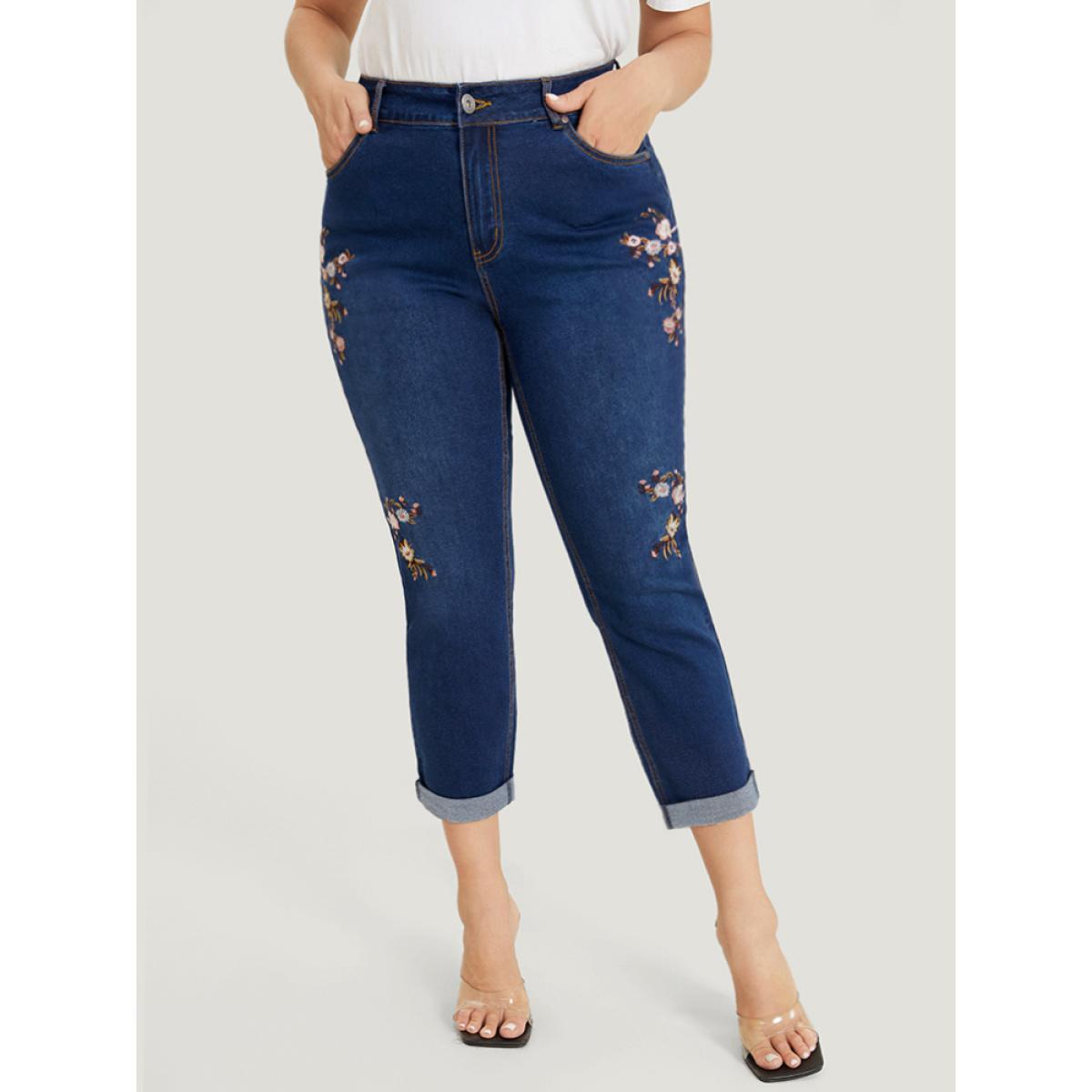 Plus Size Straight Leg Very Stretchy Dark Wash Floral Embroidered Jeans Women DarkBlue Casual Plain Embroidered High stretch Jeans BloomChic 30/6X Product Image