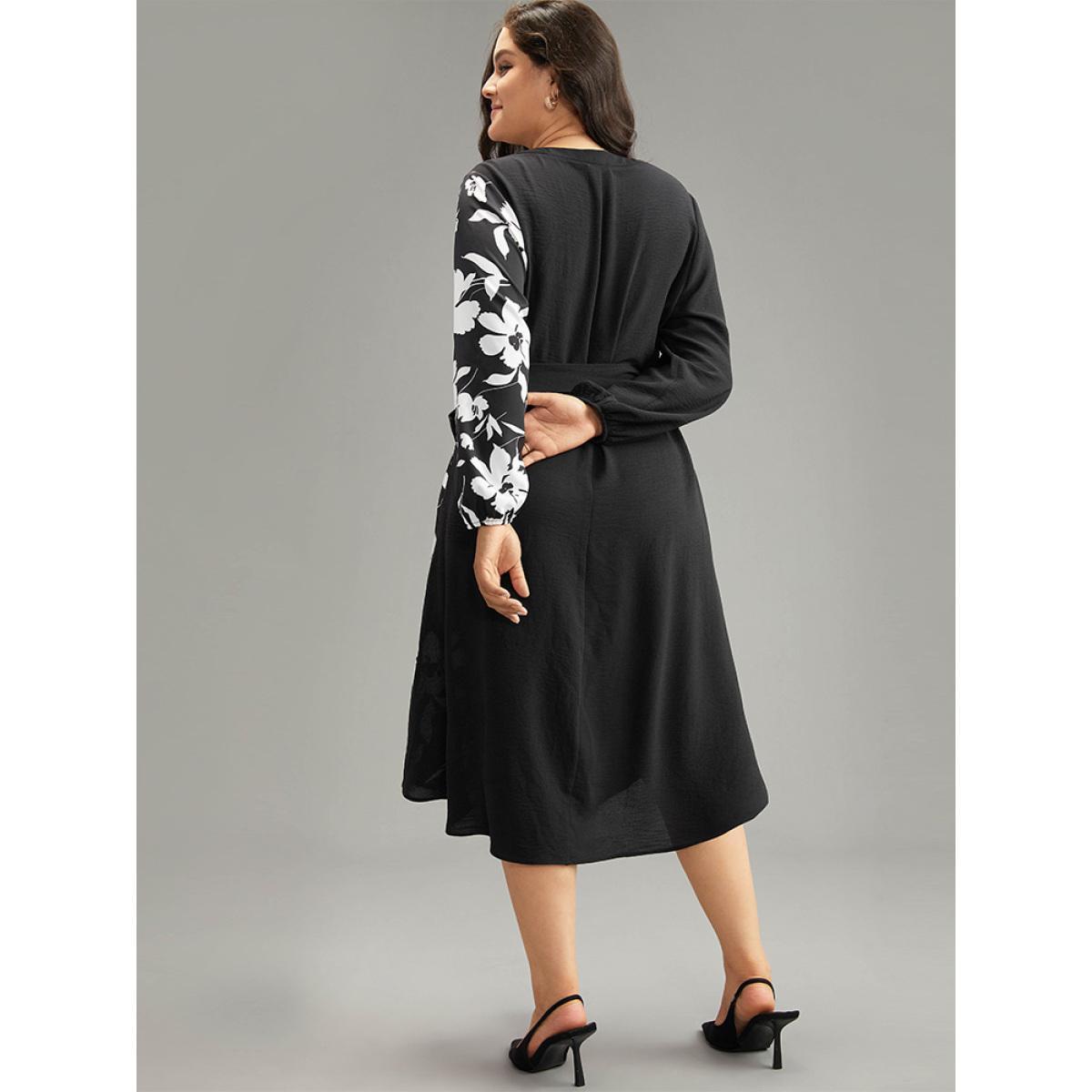 Plus Size Silhouette Floral Print Patchwork Pocket Dress Black Women Office Elastic cuffs Notched collar Long Sleeve Curvy Midi Dress BloomChic 26/4X Product Image