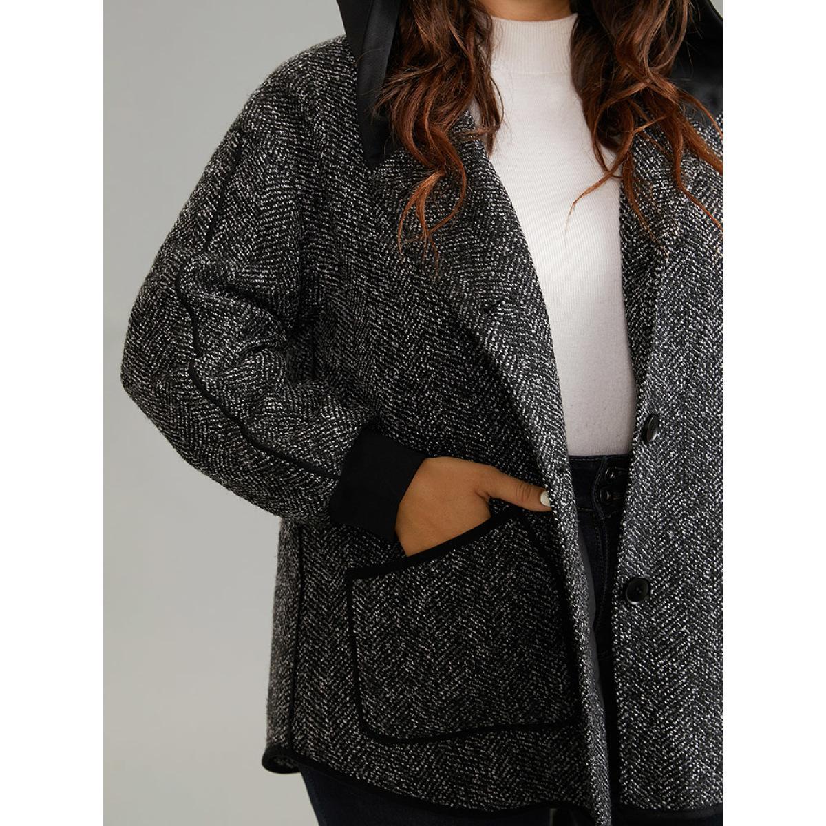 Plus Size Tweed Pocket Button Through Hooded Coat Women Black Casual Patchwork Ladies Dailywear Winter Coats BloomChic 28/5X Product Image