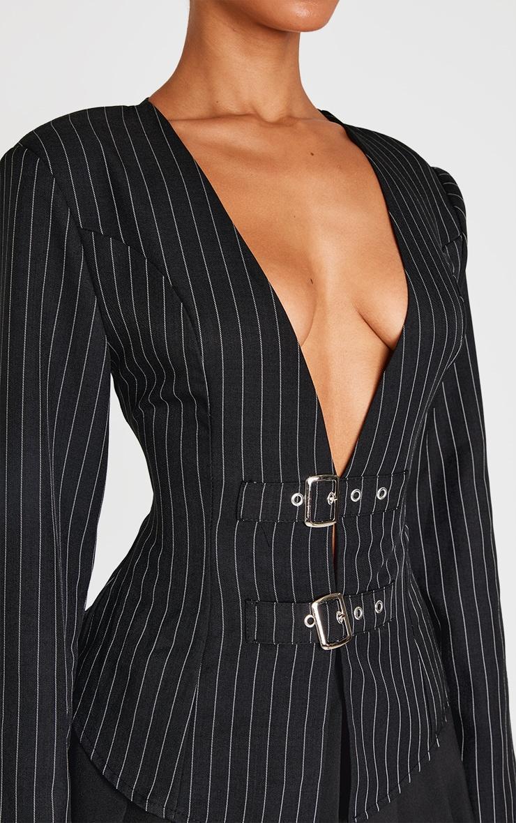 Petite Black Pinstripe Long Sleeve Trim Detail Shirt Product Image