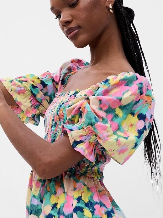 Puff Sleeve Linen-Blend Floral Mini Dress Product Image
