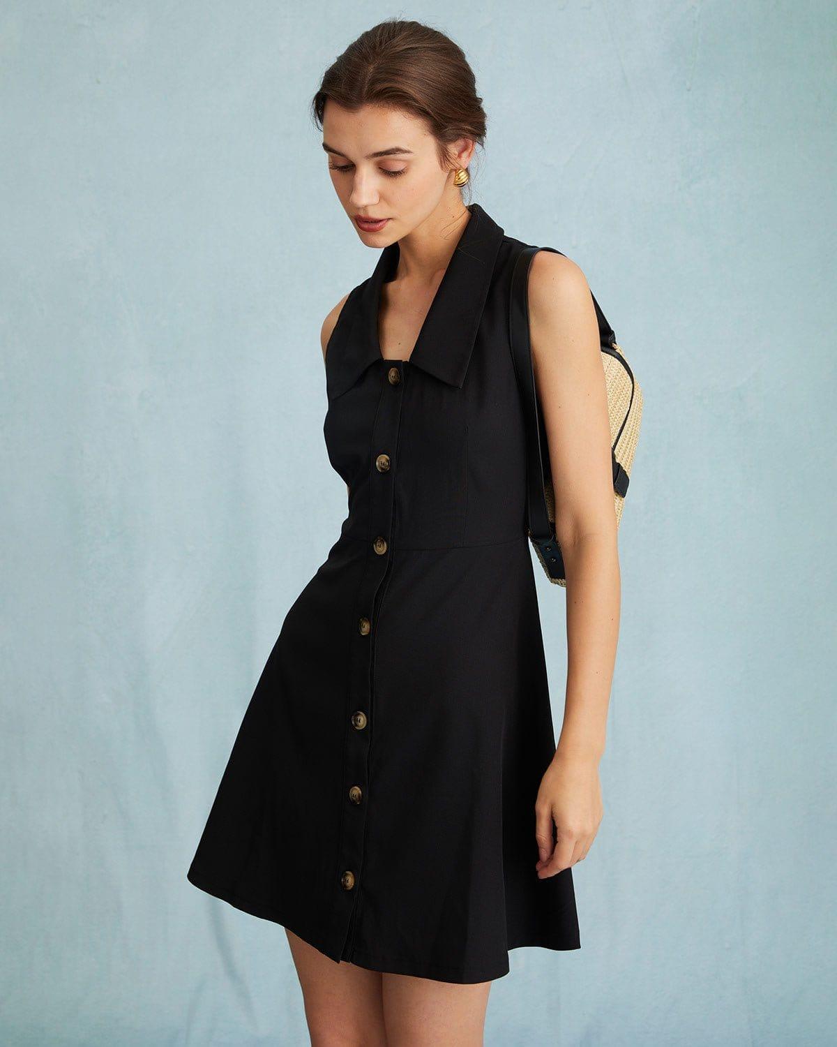 The Black Collared Sleeveless A Line Shirt Mini Dress Product Image