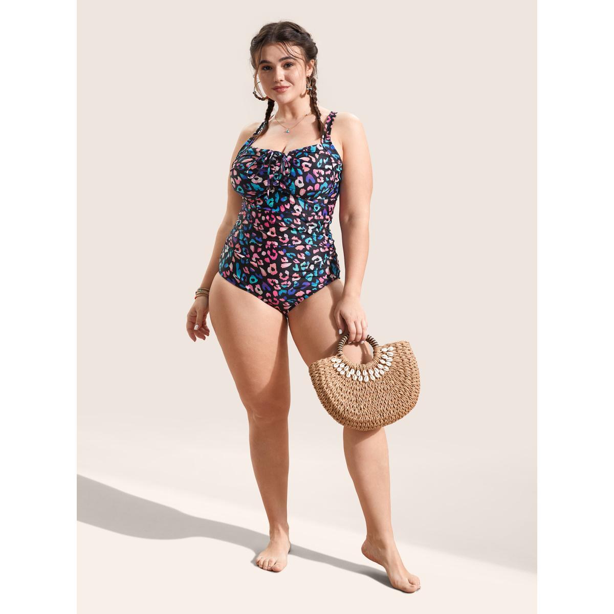 Plus Size Leopard Print Gathered Knotted One Piece Swimsuit Women's Swimwear Multicolor Beach Gathered Curve Bathing Suits High stretch One Pieces BloomChic 10/M Product Image