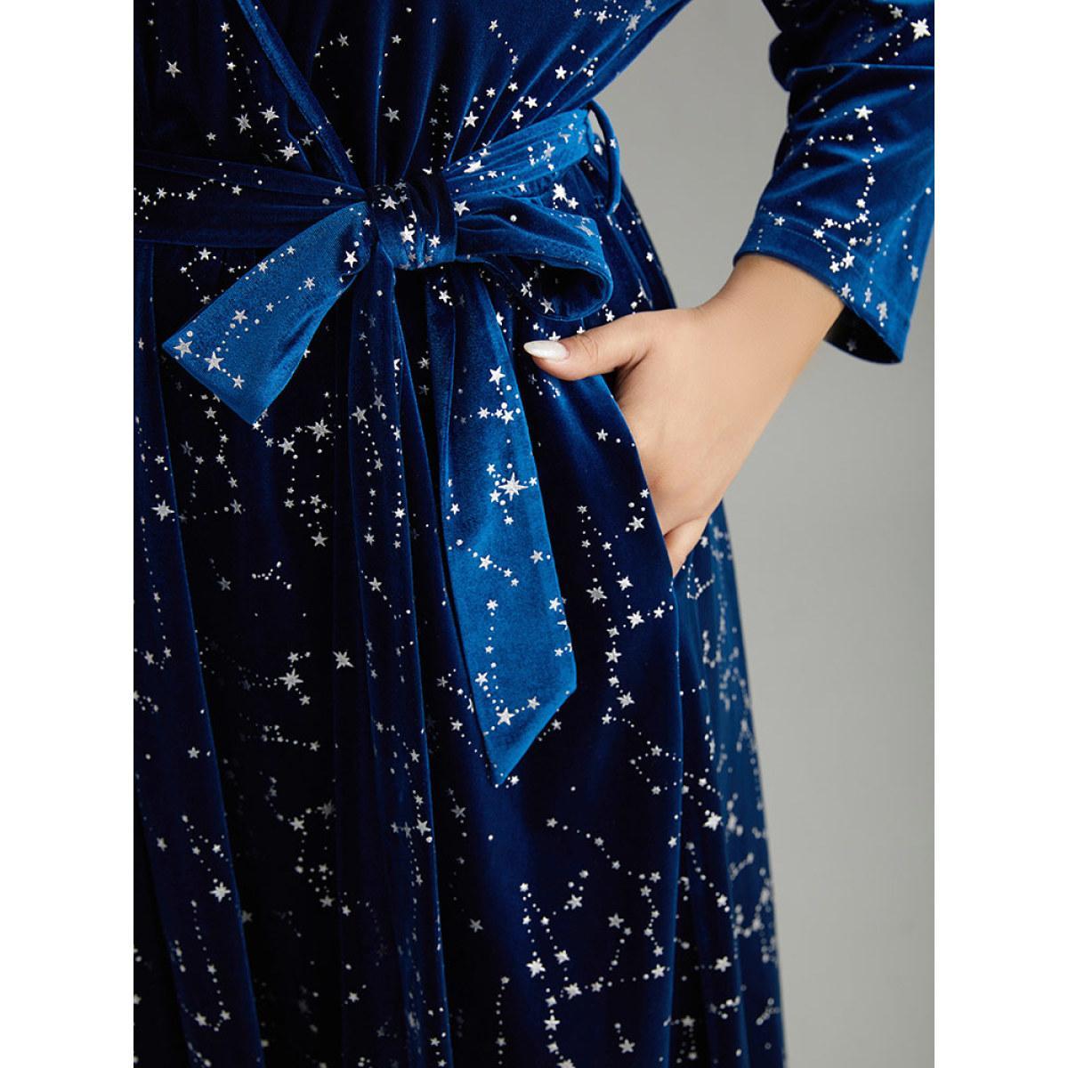 Plus Size Star Glitter Velvet Wrap Pocket Belted Dress DarkBlue Women Party Wrap Overlap Collar Long Sleeve Curvy Midi Dress BloomChic 30/6X Product Image