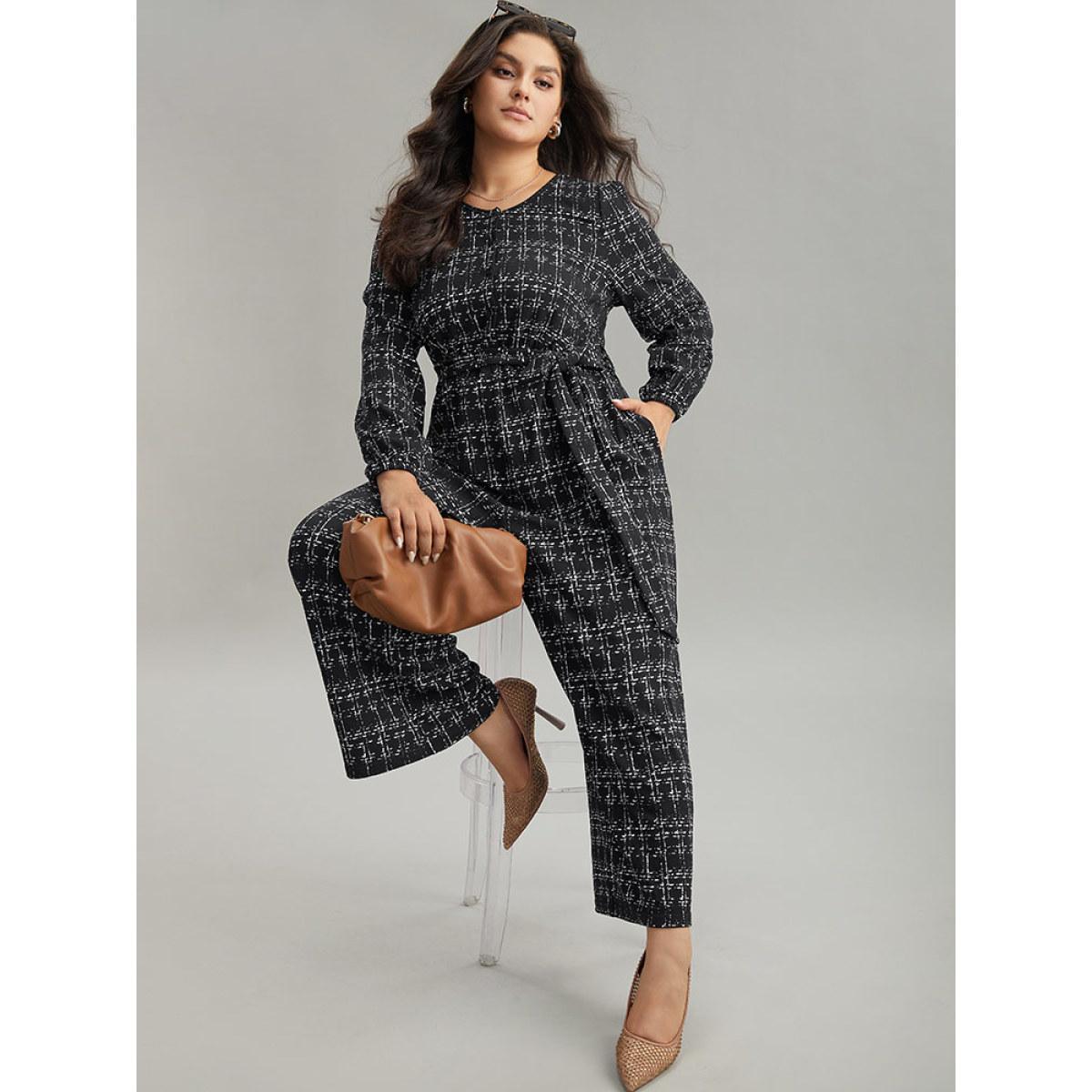 Plus Size Black Textured Button Up Elastic Waist Belted Jumpsuit Women Office Long Sleeve Round Neck Work Loose Jumpsuits BloomChic 10/M Product Image