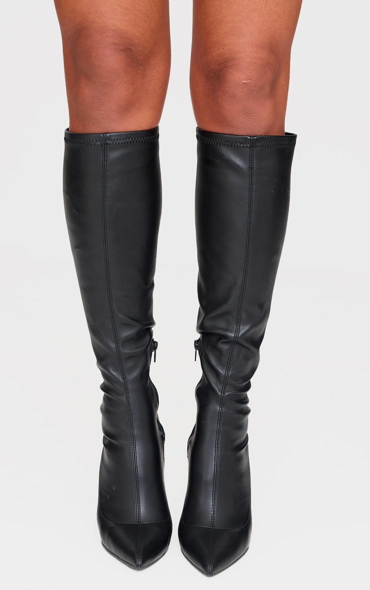 Black Pu Point Toe Knee High Stiletto Sock Boots Product Image