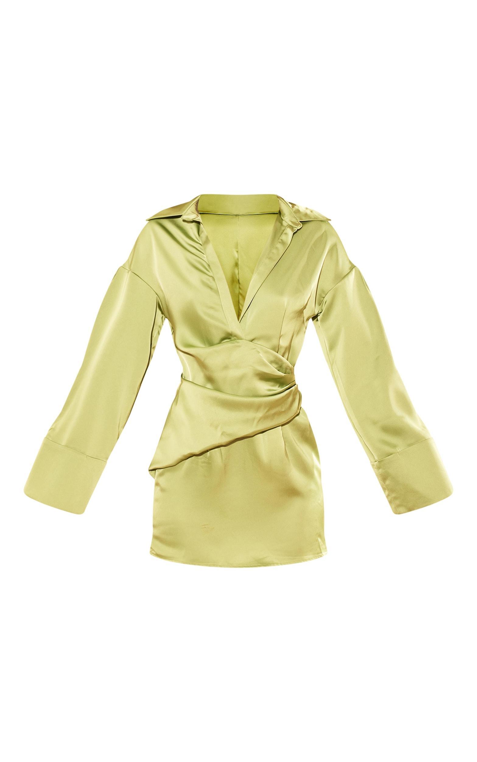 Premium Chartreuse Satin Bell Sleeve Shirt Dress Product Image