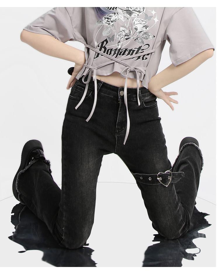 Low Rise Heart Buckled Washed Frayed Slit Flared Jeans Product Image