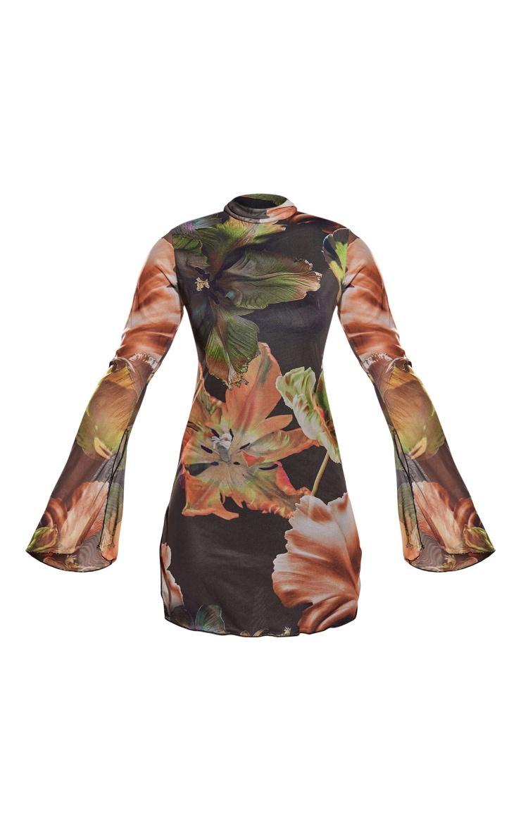 Green Floral Print High Neck Flared Sleeve Shift Dress Product Image