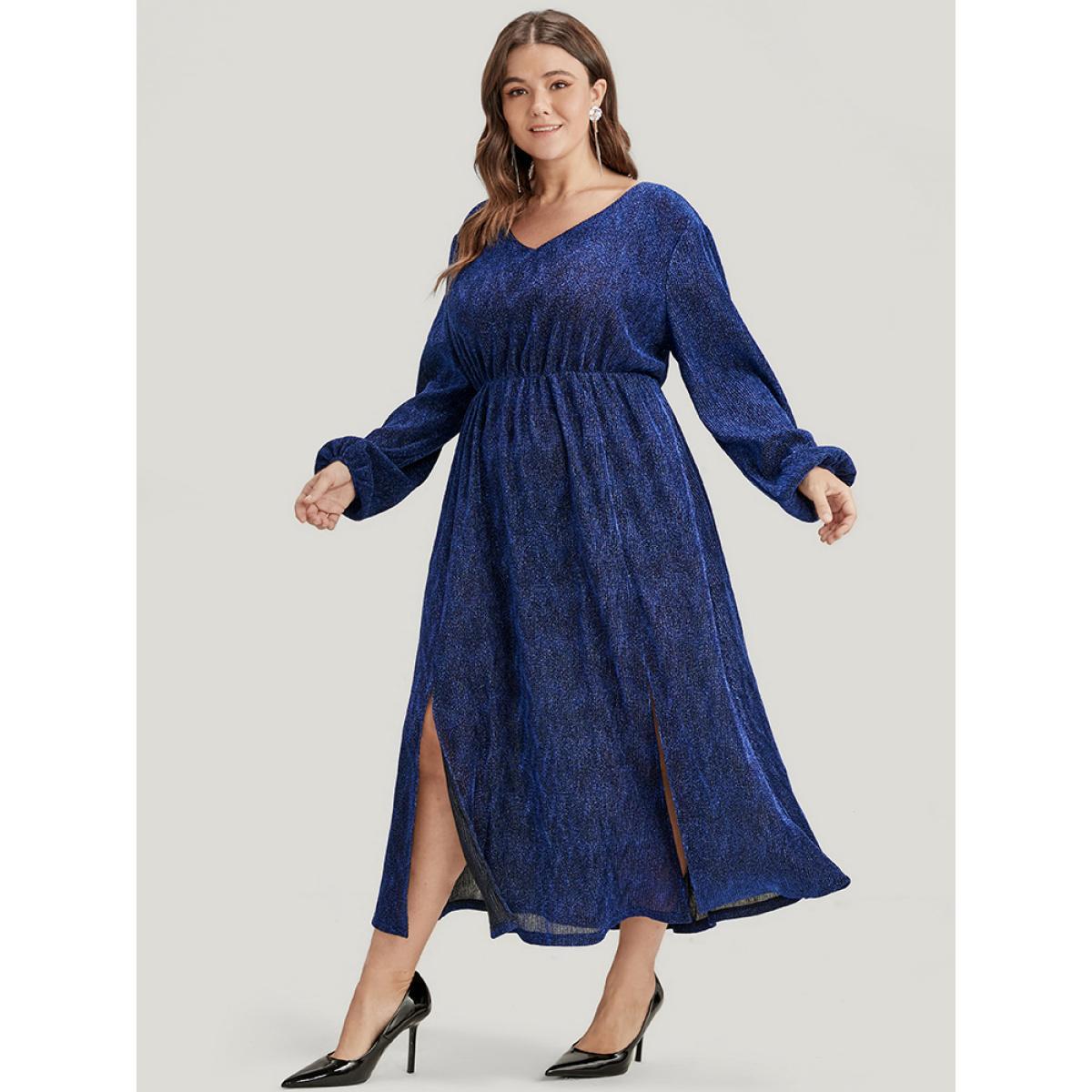 Plus Size Solid Lantern Sleeve Sequin Split Hem Dress DarkBlue Women Party Elastic Waist V-neck Long Sleeve Curvy Midi Dress BloomChic 18-20/2X Product Image