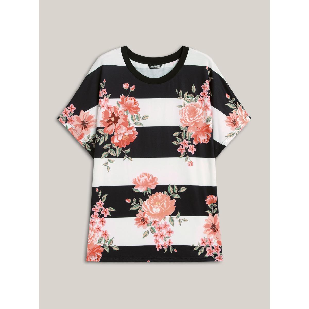 Plus Size Floral Stripes Print Stretchy T-Shirt Multicolor Women Casual Contrast Natural Flowers Round Neck Everyday T-shirts BloomChic 10/M Product Image