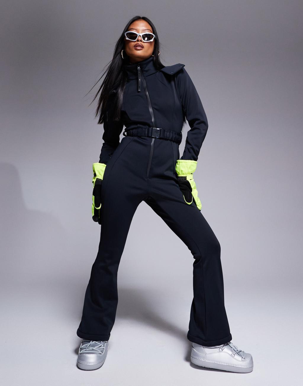 4505 Petite Ski belted ski suit with slim kick legs and faux fur hood in black  Product Image