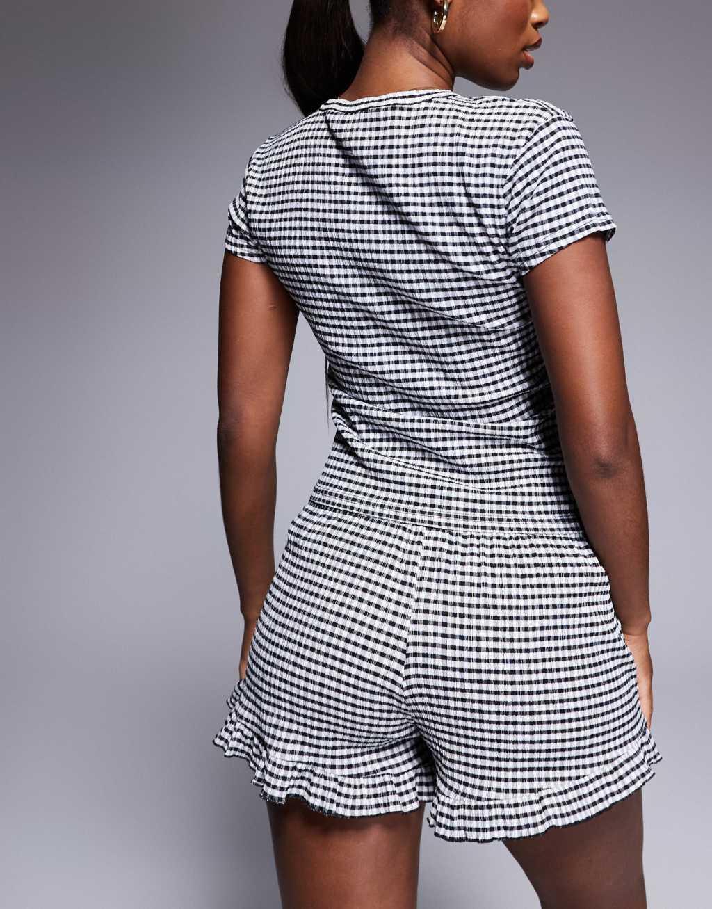 River Island gingham cropped tee and short set in cream Product Image