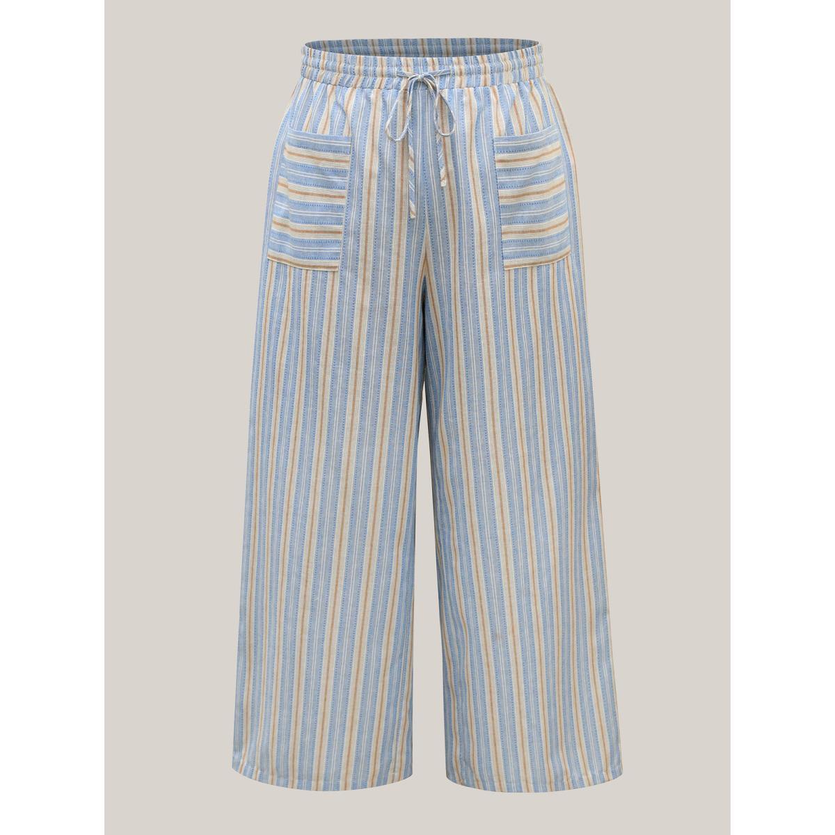 Plus Size Stripes Pockets Wide-Leg Pants Women LightBlue Resort Wide Leg Mid Rise Vacation Pants BloomChic 18-20/2X Product Image