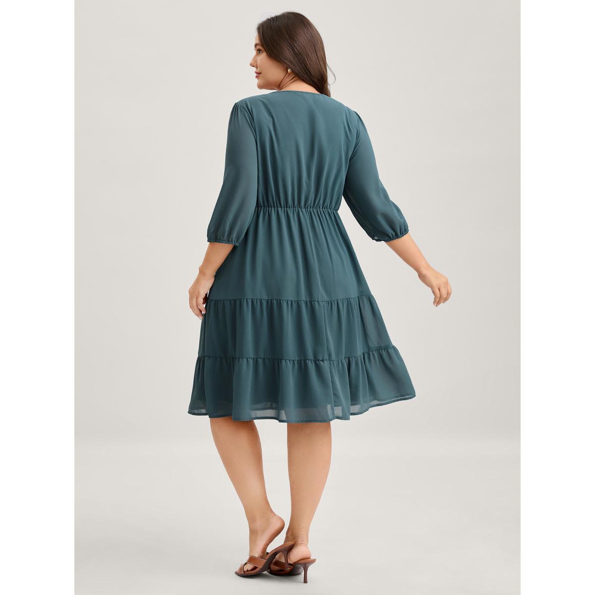 Plus Size Texture Tiered Tassel Solid Midi Dress Cyan Women Tie knot Flat collar Long Sleeve Curvy BloomChic 30/6X Product Image
