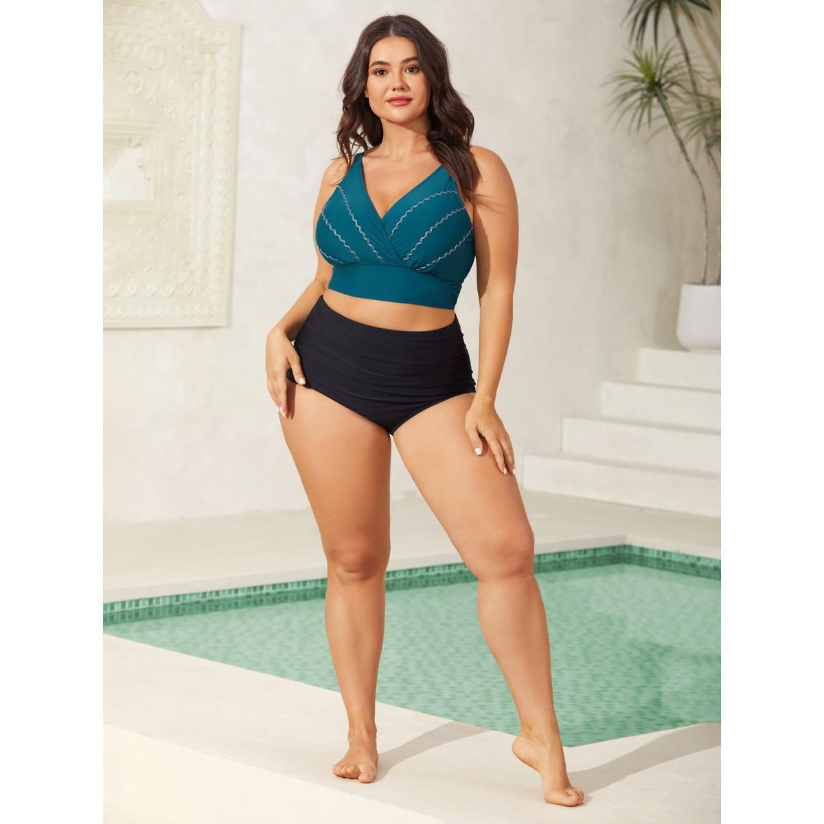 Plus Size Embroidered Surplice Neck Adjustable Swim Top Women's Swimwear Cyan Beach High stretch Skinny Overlap Collar Curve Swim Tops BloomChic 12/L Product Image