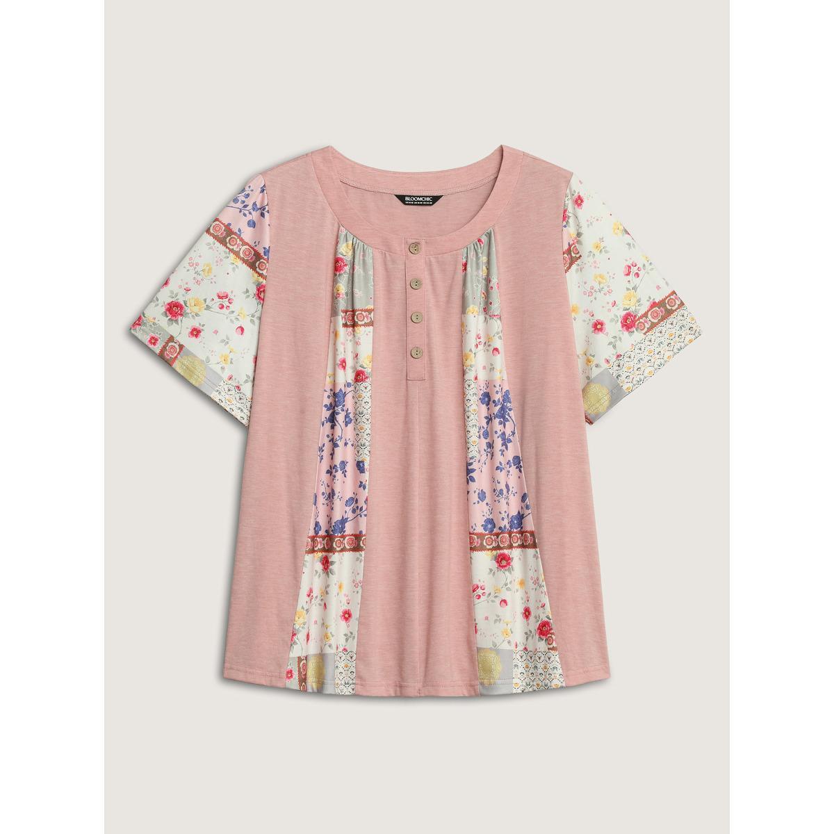 Plus Size Stretchy Color Block Floral T-Shirt Nudepink Women Contrast Round Neck Everyday-Casual T-shirts BloomChic 14-16/1X Product Image