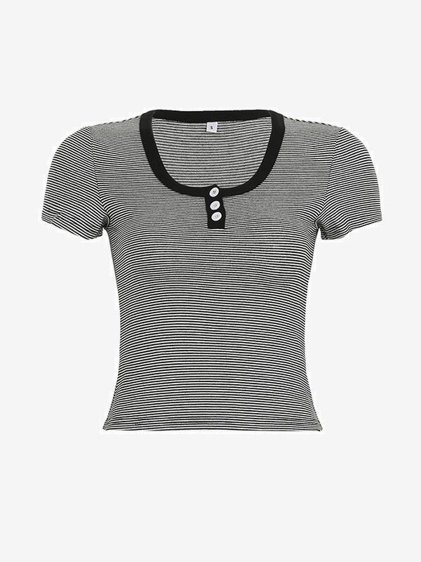 Vintage Striped Three Button Short Sleeves Product Image