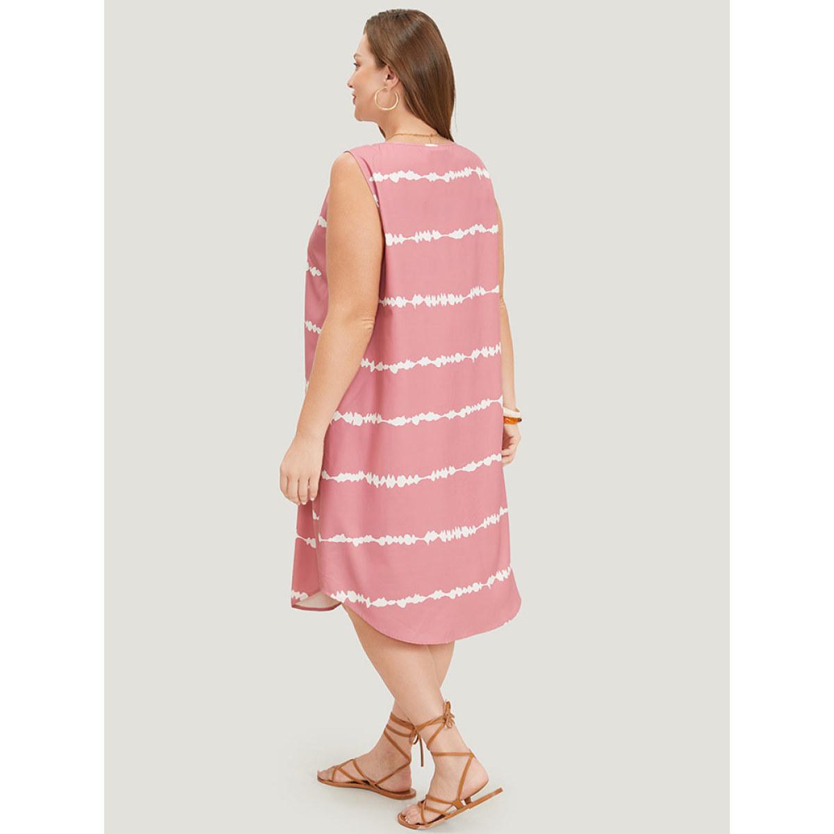 Plus Size Tie Dye Striped Pocket V Neck Arc Hem Tank Dress Watermelon Women Vacation V-neck Sleeveless Curvy Midi Dress BloomChic 30/6X Product Image