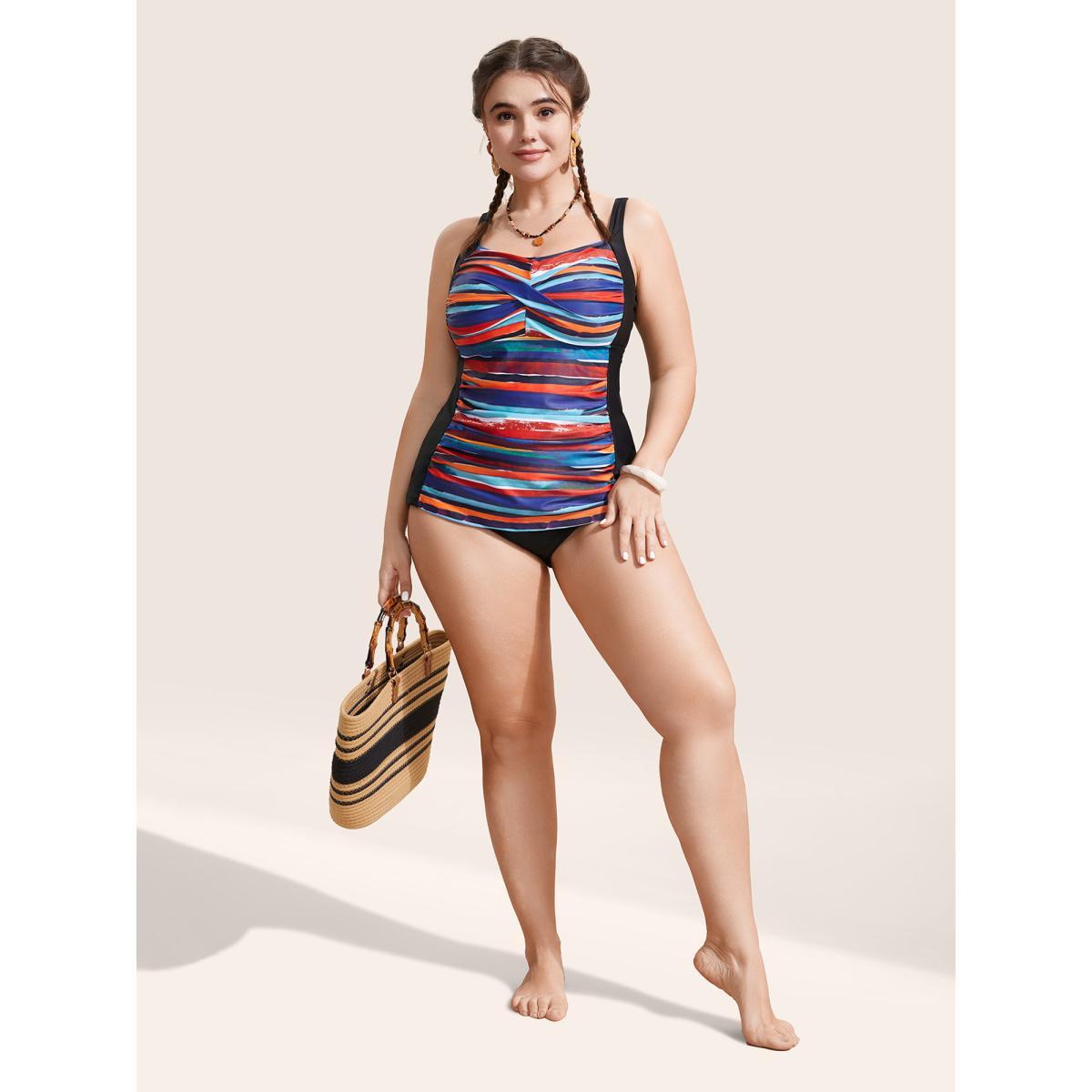 Plus Size Colored Striped Gathered Twist Front Swim Top Women's Swimwear Multicolor Beach Twist High stretch Skinny Heart neckline Curve Swim Tops BloomChic 10/M Product Image