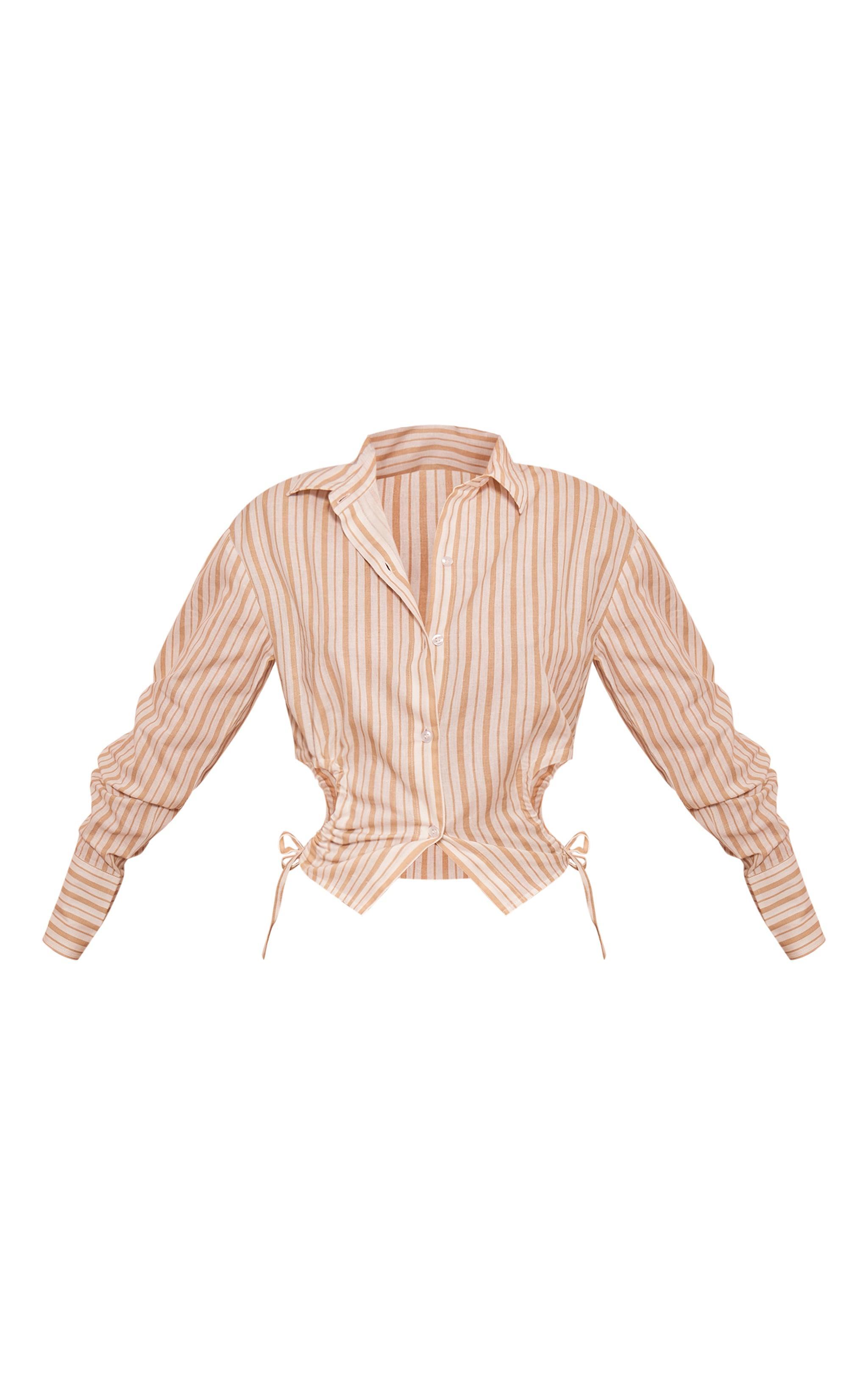 Stone Stripe Cut Out Keyhole Side Long Sleeve Crop Shirt Product Image