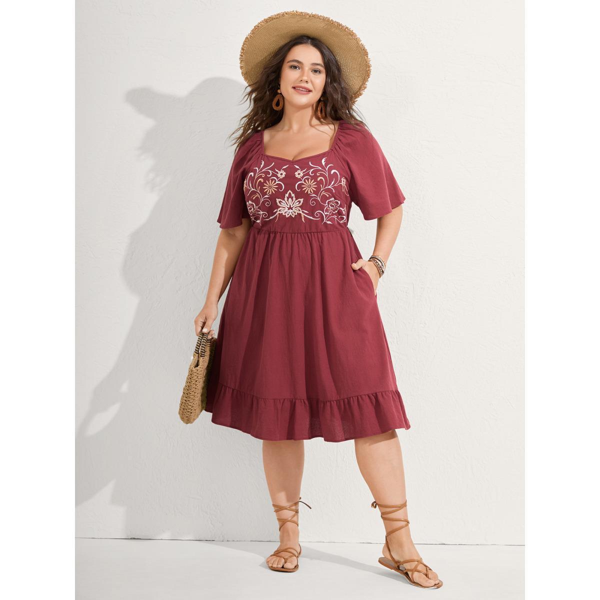 Plus Size Pure Cotton Floral Embroidered Midi Dress Burgundy Women Embroidered Heart neckline Short sleeve Curvy BloomChic 12/L Product Image