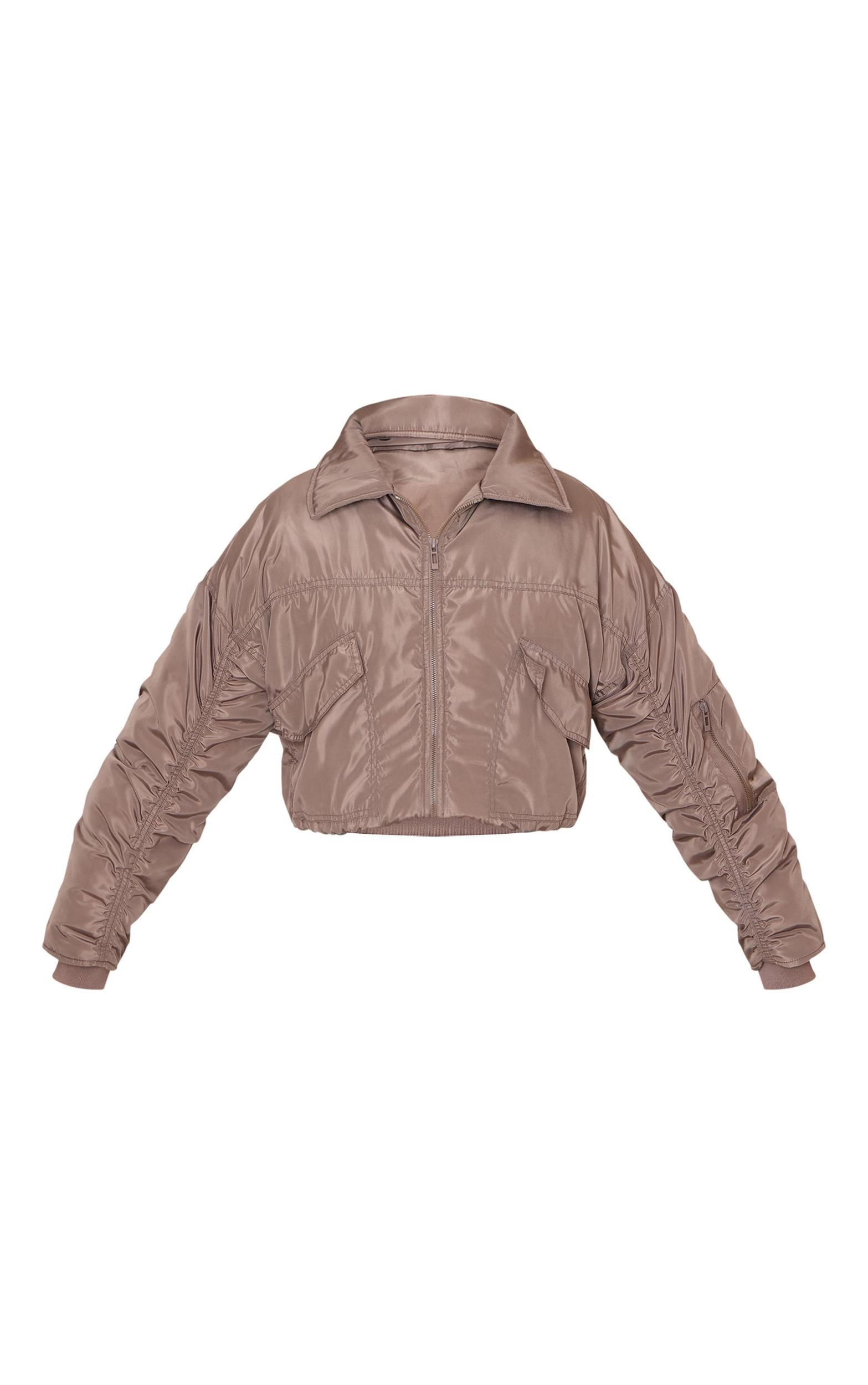 Petite Taupe Ruched Sleeve Bomber Jacket Product Image