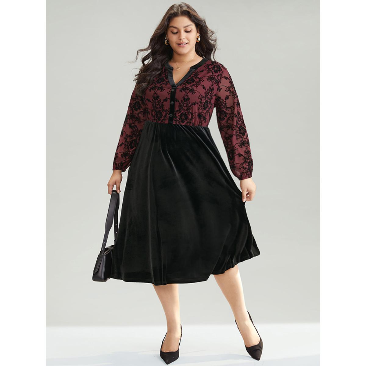 Plus Size Silhouette Floral Print Patchwork Flocking Notched Dress Russet Women Office Velvet Notched collar Long Sleeve Curvy Midi Dress BloomChic 30/6X Product Image