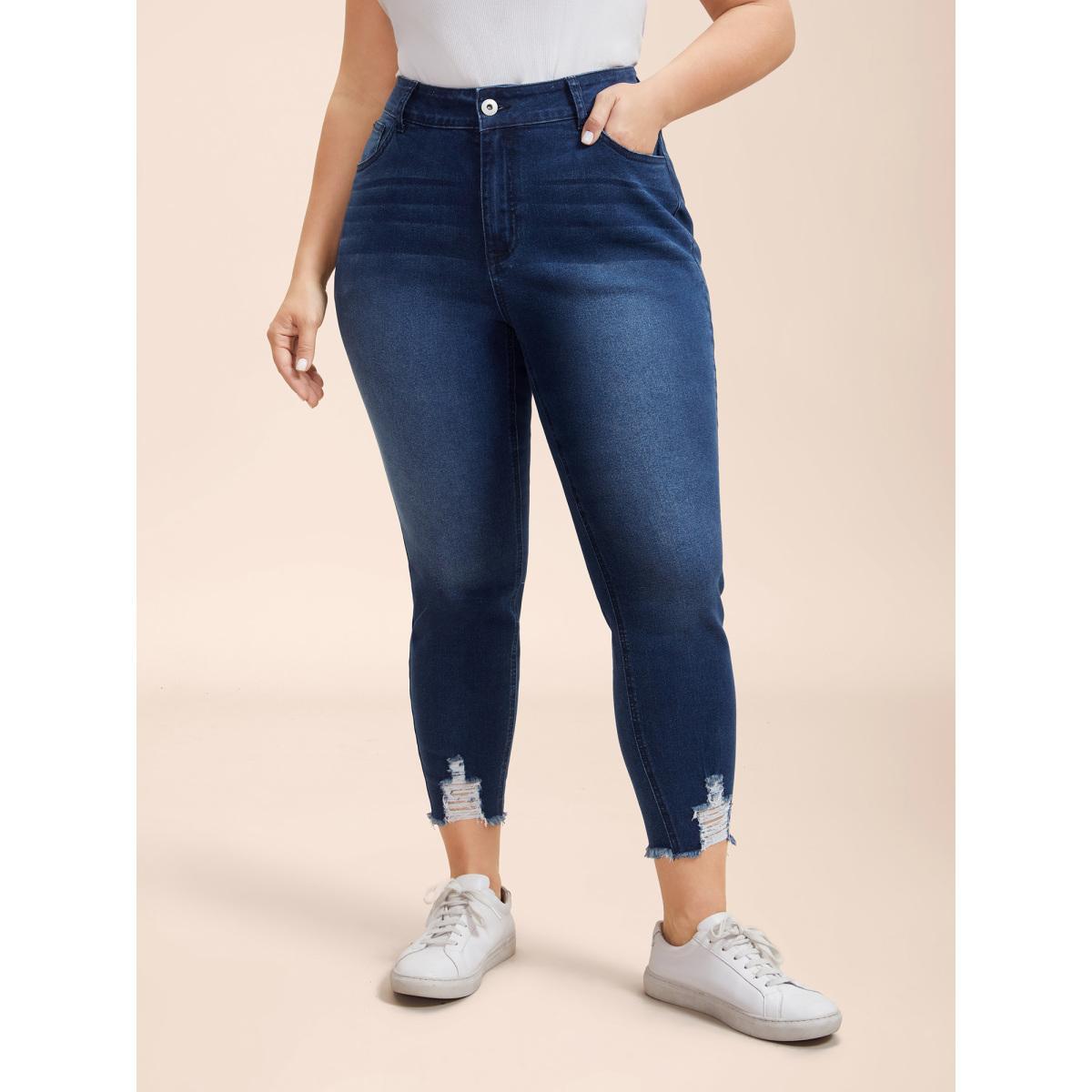 Plus Size Mid-Rise Whiskered Slim-Fit Jeans Women Bluevintage Casual High stretch Slanted pocket Jeans BloomChic 12/L Product Image