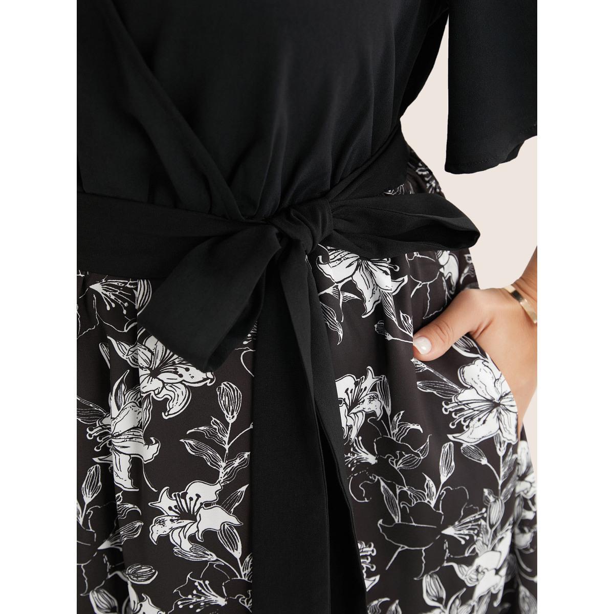 Plus Size Floral Patchwork Pocket Belt Surplice Neck Ruffle Hem Dress Black Women Elegant Patchwork V-neck Short sleeve Curvy Midi Dress BloomChic 30/6X Product Image