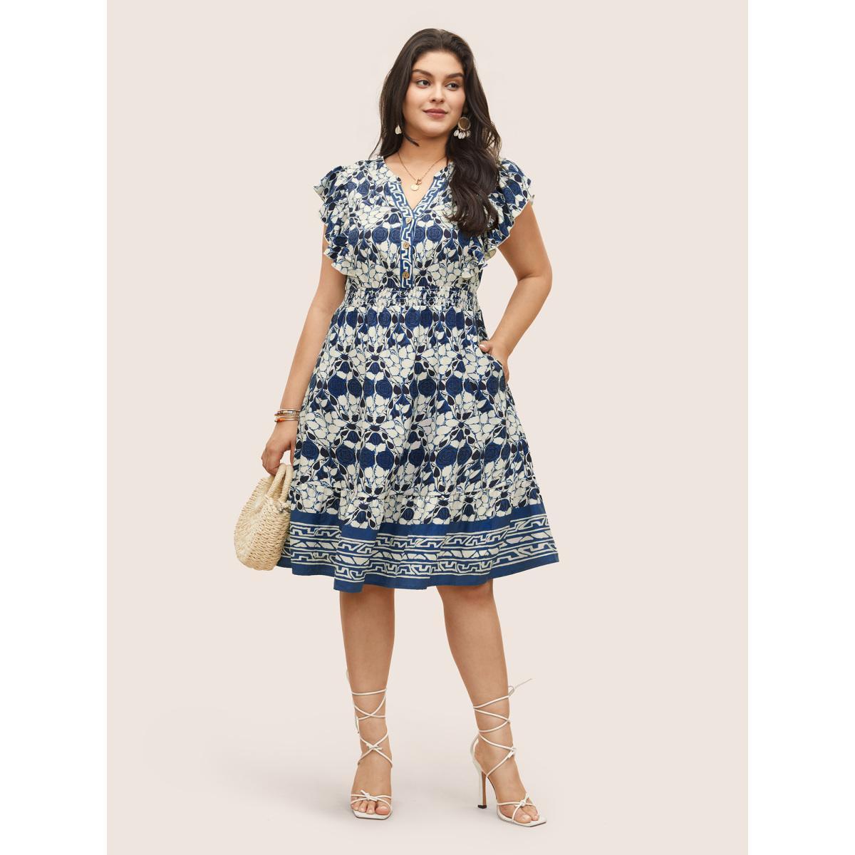 Plus Size Boho Print Ruffles Shirred Pocket Elastic Waist Dress DarkBlue Women Resort Non Notched collar Cap Sleeve Curvy Midi Dress BloomChic 12/L Product Image