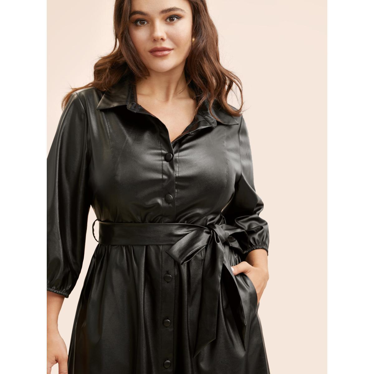 Plus Size Shirt Collar PU Leather Belted Dress Black Women Elegant Belted Shirt collar Elbow-length sleeve Curvy BloomChic 26/4X Product Image
