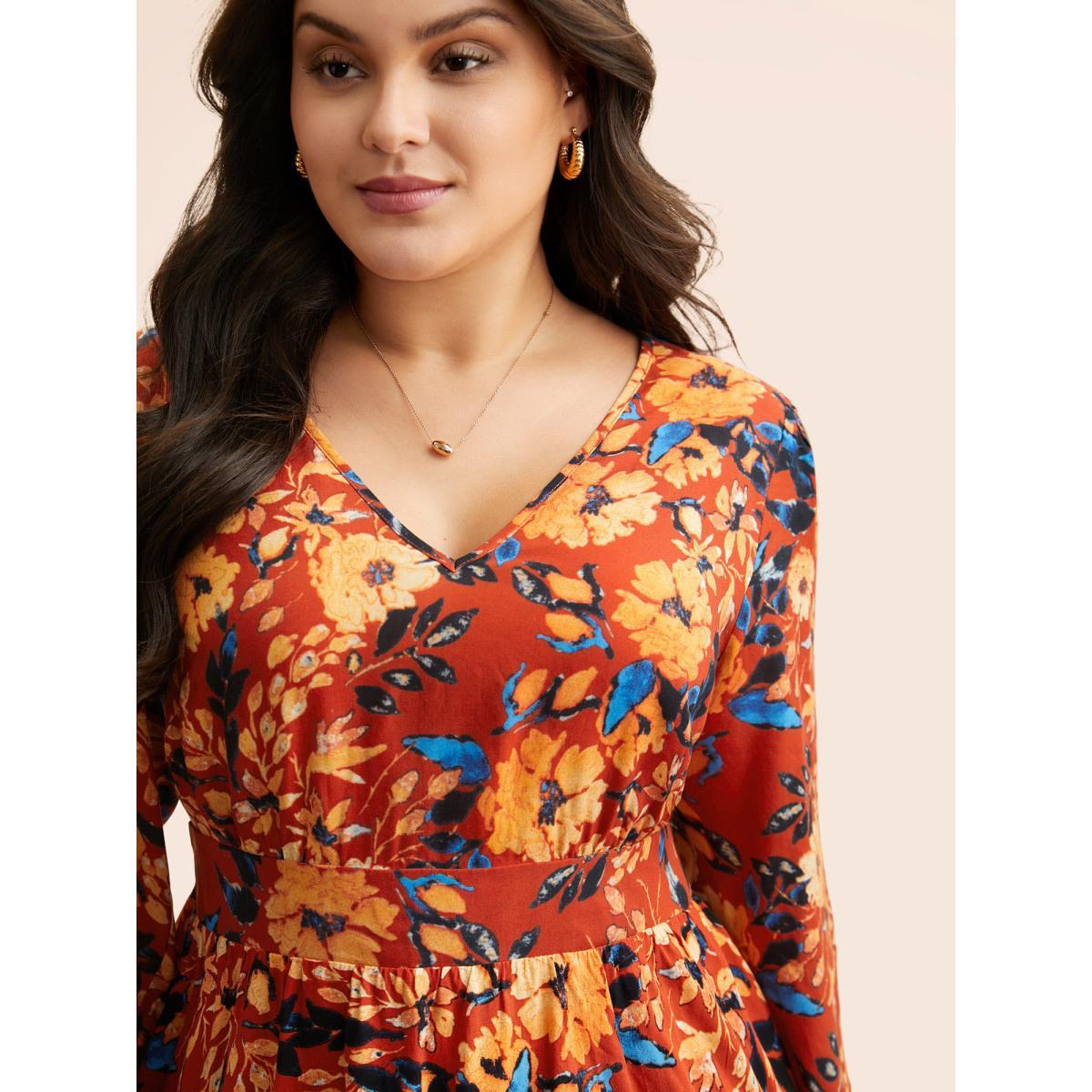 Plus Size Multicolor Floral Shirred Gathered Lantern Sleeve Blouse Women Elegant Long Sleeve V-neck Everyday Blouses BloomChic 30/6X Product Image