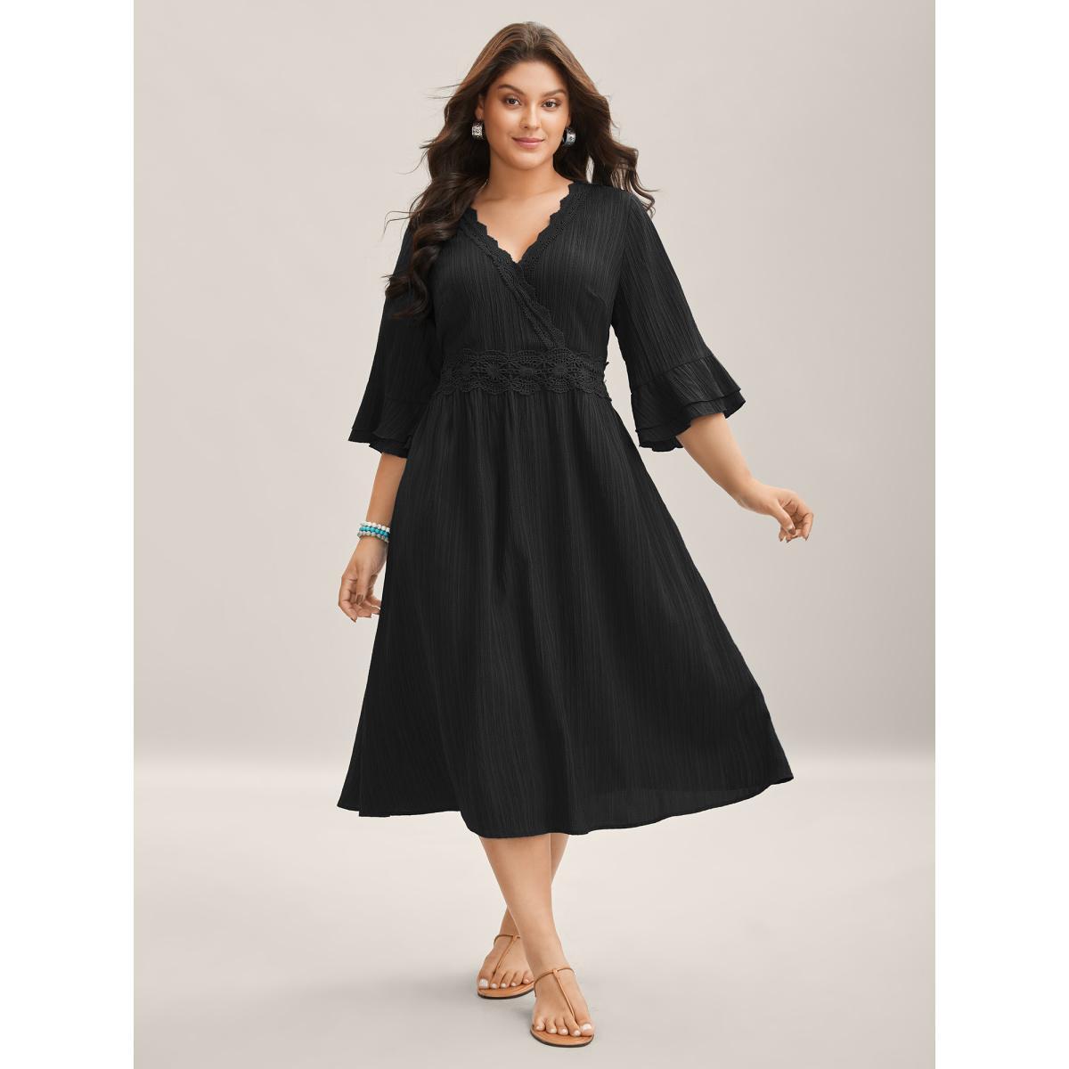 Plus Size Scalloped Lace Surplice Ruffled Midi Dress Black Women Overlap Collar Elbow-length sleeve Curvy BloomChic 22-24/3X Product Image