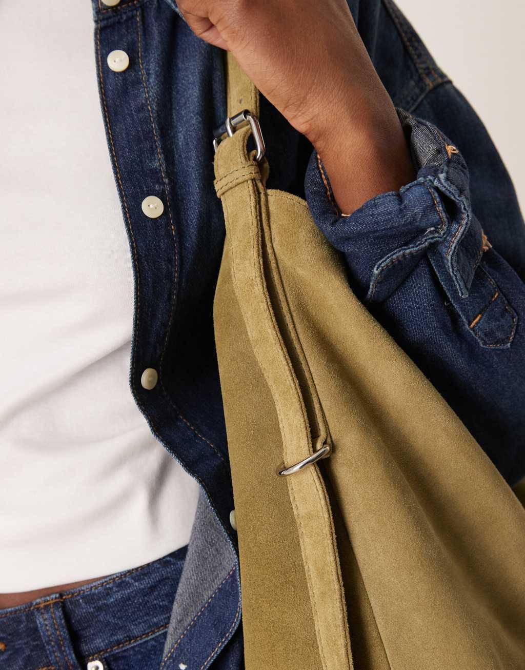ASOS DESIGN suede slouchy buckle tote bag in khaki Product Image