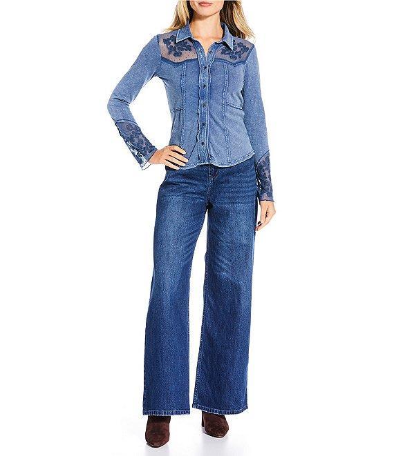 Reba Anissa Point Collar Long Sleeve Embroidered Button Front Top Product Image