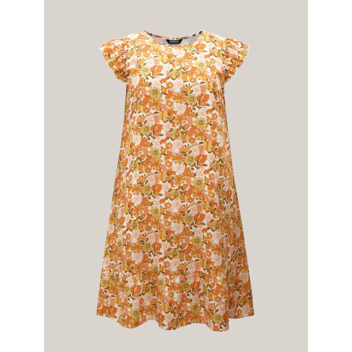 Plus Size Sunkissed Floral Print Flutter Sleeve Midi Dress Brightorange Women Round Neck Cap Sleeve Curvy BloomChic 30/6X Product Image