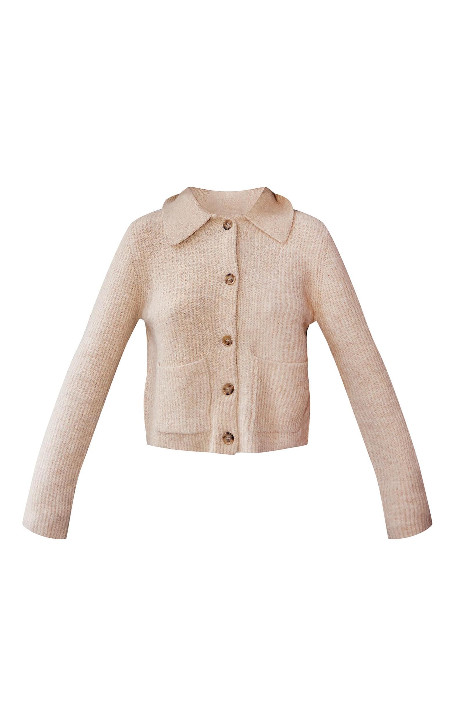 Beige Soft Textured Knit Button Up Collar Detail Cardigan Product Image