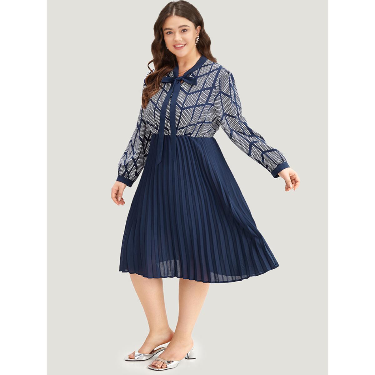 Plus Size Contrast Patchwork Ties Pleated Dress Indigo Women Office Printed Tie Neck Long Sleeve Curvy Midi Dress BloomChic 14-16/1X Product Image