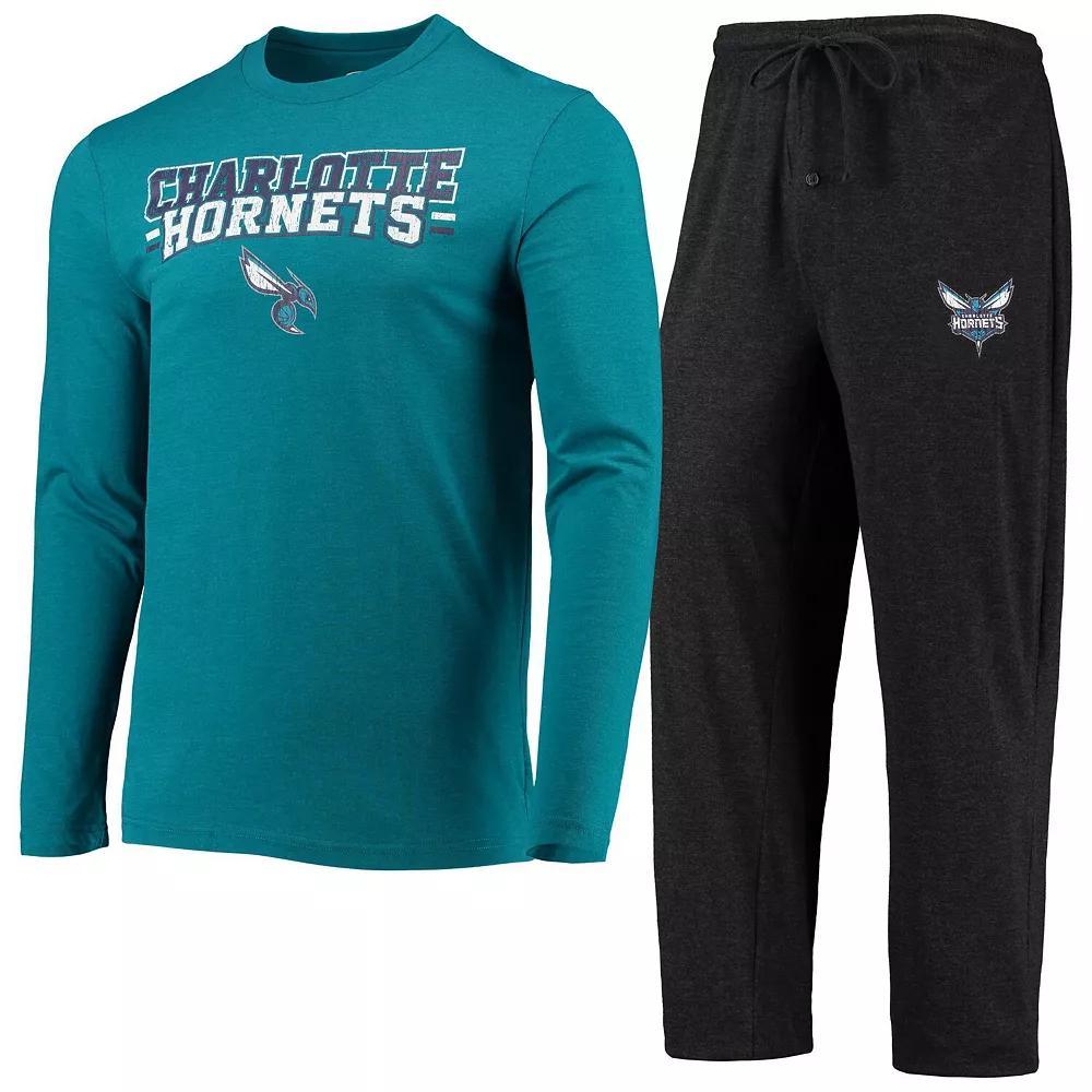 Men's Concepts Sport Black/Teal Charlotte Hornets Long Sleeve T-Shirt & Pants Sleep Set, Size: XL, Chr Black Product Image
