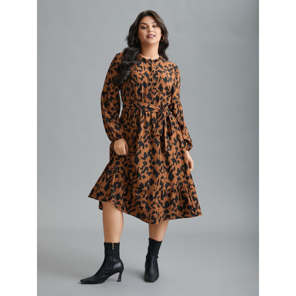 Plus Size Leopard Print Stretchy Waist Belted Dress Yellowishbrown Women Elegant Belted Stand-up collar Long Sleeve Curvy BloomChic 26/4X Product Image
