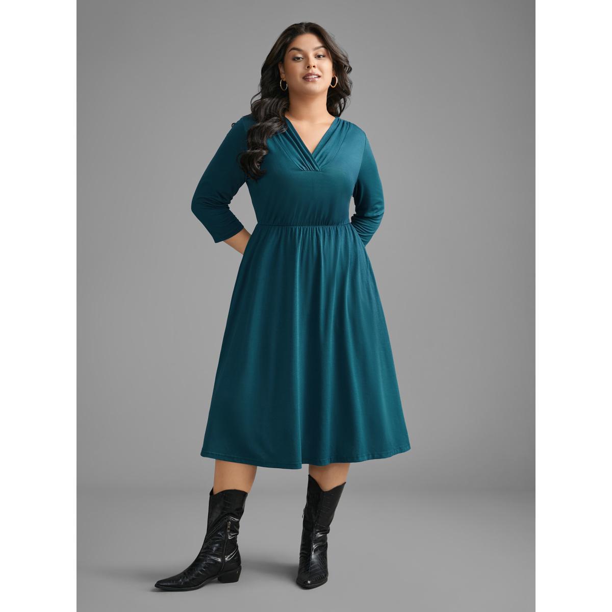 Plus Size V Neck Gathered Midi Knit Dress Aegean Women Casual Gathered Knit Dresses Bloomchic 10/M Product Image