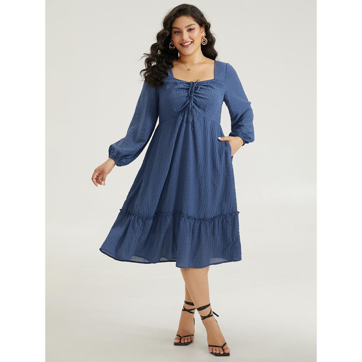 Plus Size Solid Plisse Ties Frill Trim Ruched Dress Cerulean Women Elegant Elastic cuffs Tie Neck Long Sleeve Curvy Midi Dress BloomChic 30/6X Product Image