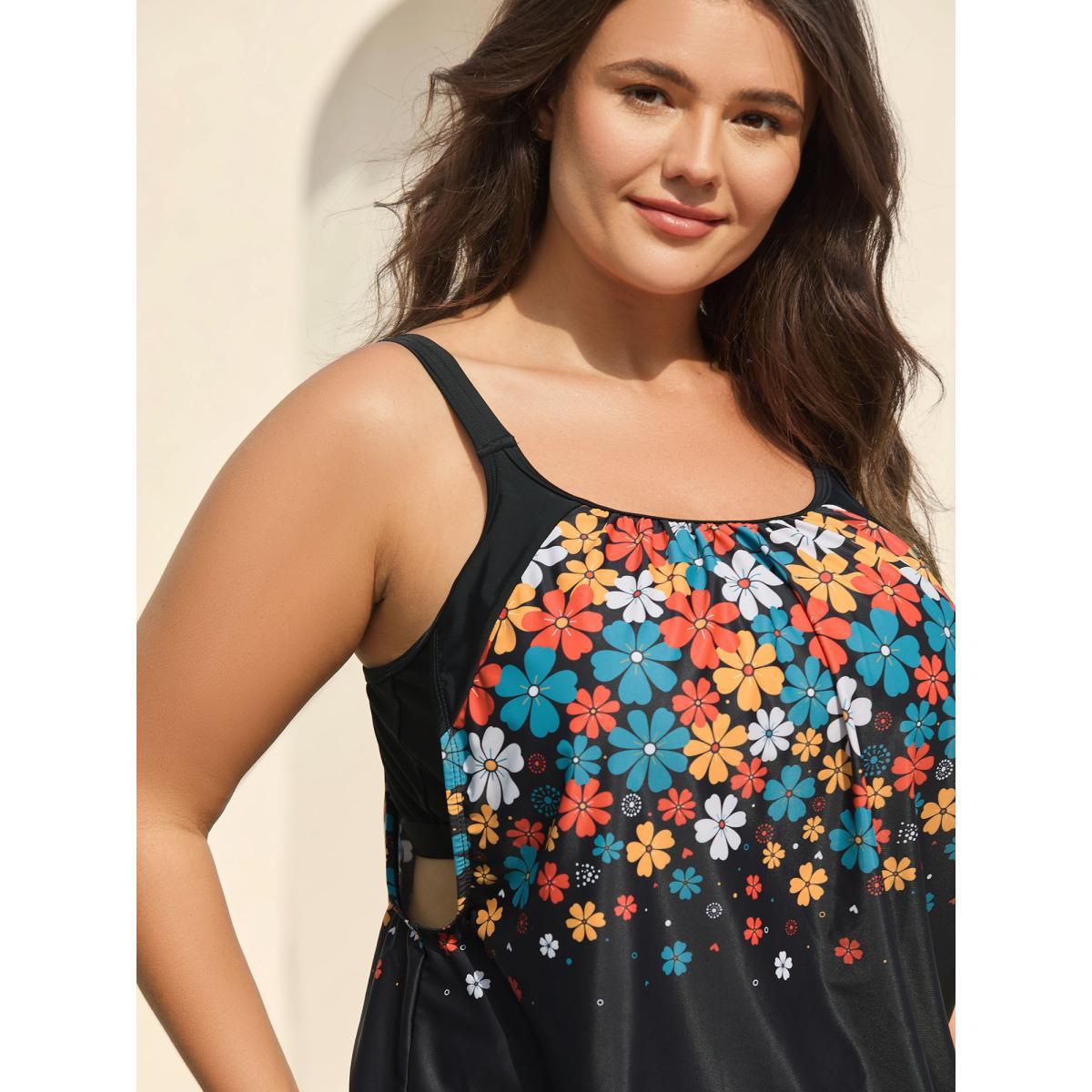 Plus Size Floral Print Cut-Out Swim Top Women's Swimwear Black Beach Patchwork High stretch Bodycon U-neck Curve Swim Tops BloomChic 30/6X Product Image