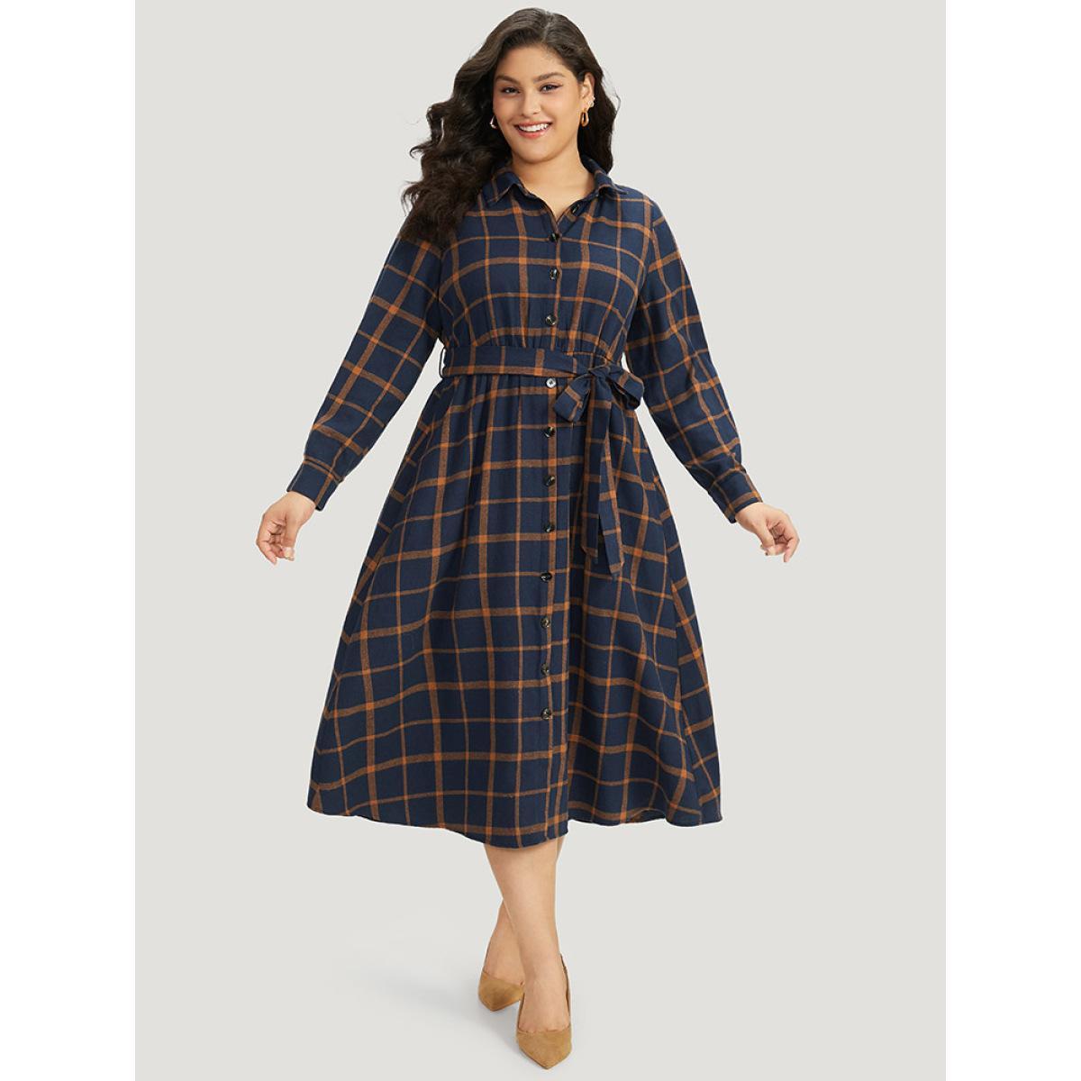 Plus Size Plaid Shirt Collar Button Fly Belted Dress Navy Women Office Belted Shirt collar Long Sleeve Curvy Midi Dress BloomChic 18-20/2X Product Image