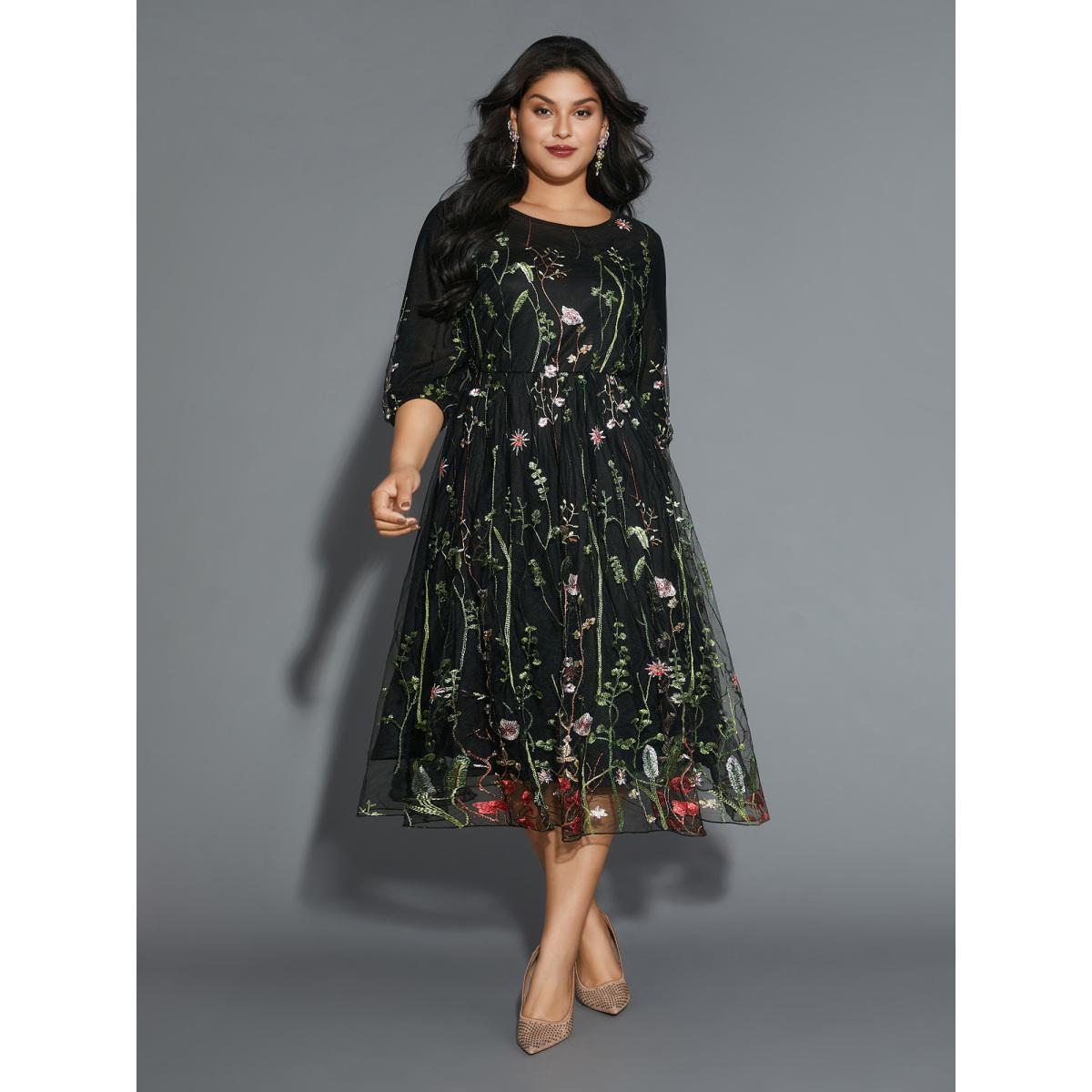 Plus Size Floral Embroidered Elastic Waist Lined Midi Dress Black Women Cocktail Texture Party Curvy Bloomchic 18-20/2X Product Image