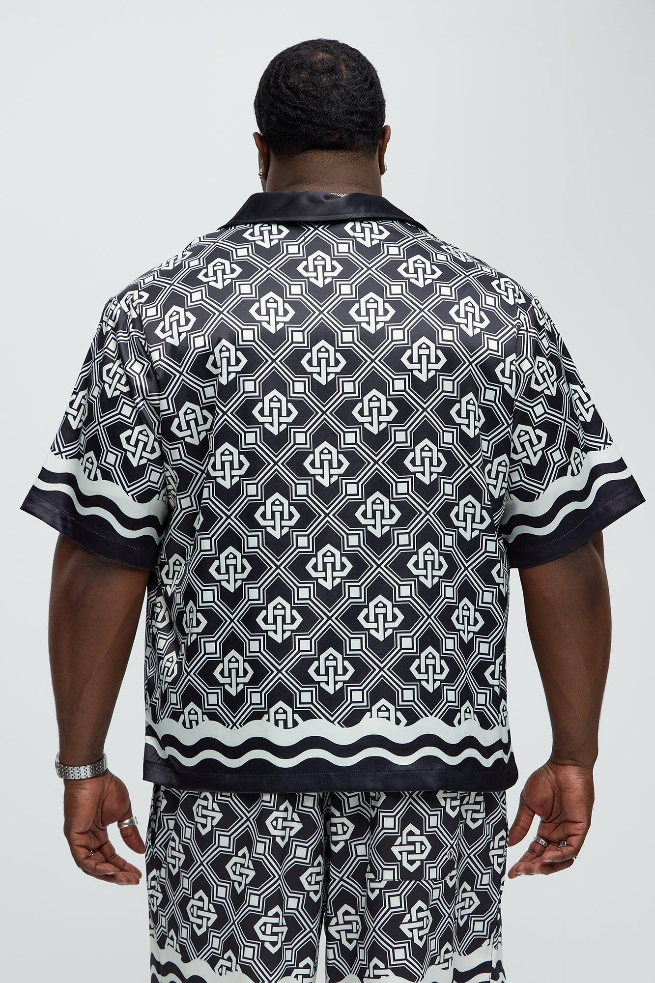 Geometric Wavy Border Cuban Collar Button Up Shirt - Black/combo Product Image