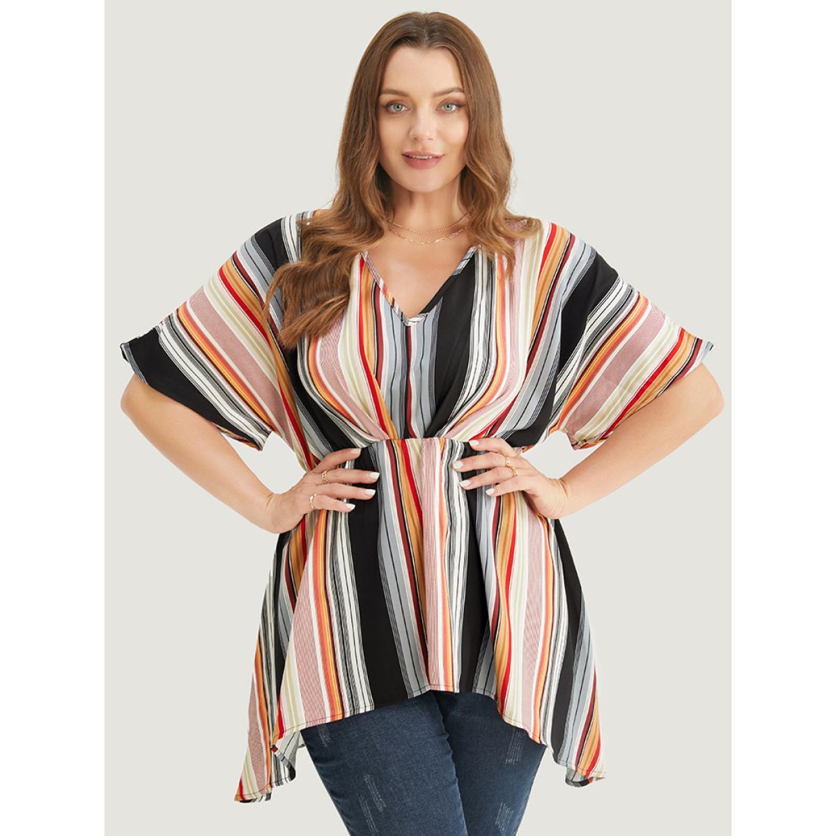 Plus Size Multicolor Striped Contrast Dolman Sleeve Asymmetrical Hem Blouse Women Vacation Short sleeve V-neck Dailywear Blouses BloomChic 28/5X Product Image