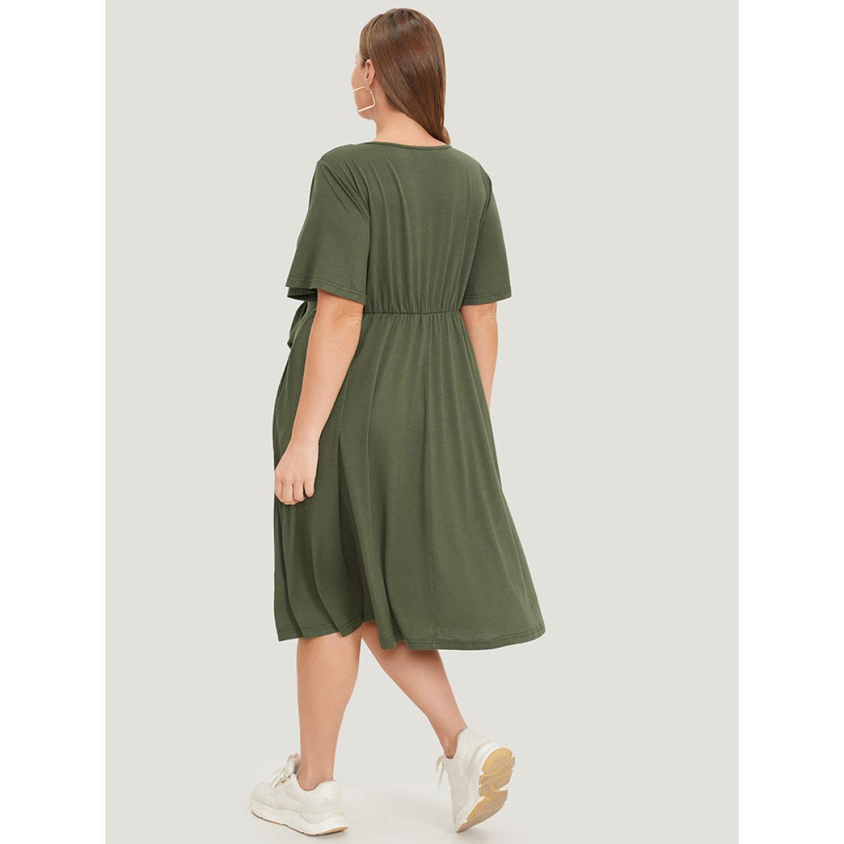 Plus Size Supersoft Essentials Plain Pocket Twist Front Button Detail Dress ArmyGreen Women Casual Elastic Waist Scoop Neck Short sleeve Curvy Midi Dress BloomChic 10/M Product Image