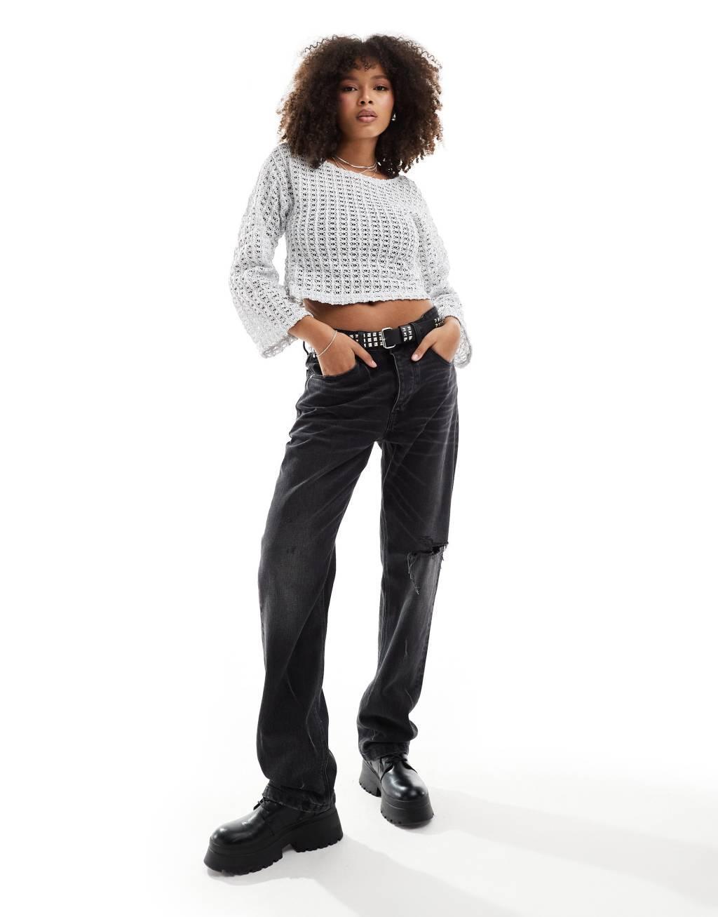 Pieces Festival two tone crochet wide sleeve top in metallic silver Product Image